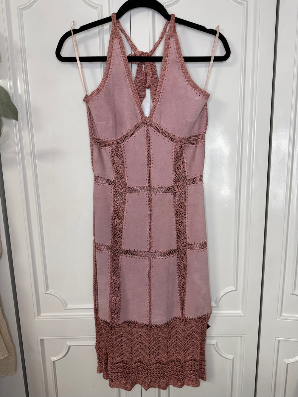 Danier Mauve Suede Leather Crochet-Trim Midi Dress